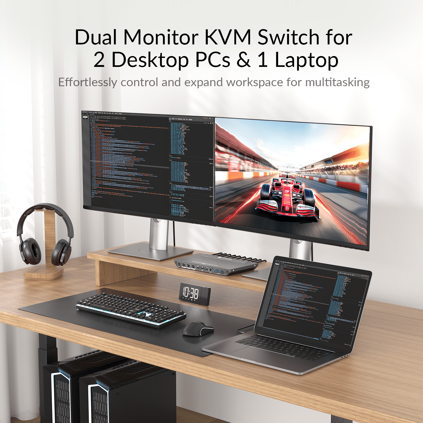 KD-E30 KVM Docking Station for Laptop & 2 Desktops, Dual 4K